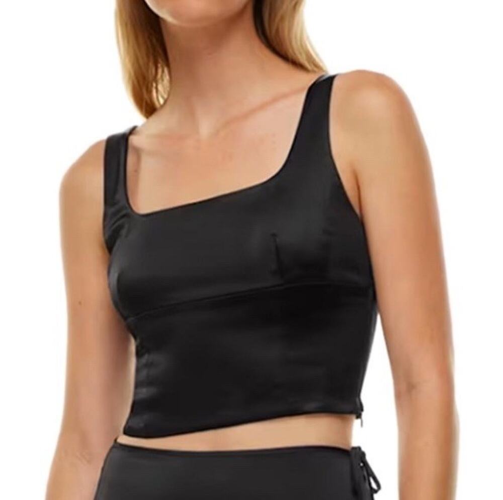 Wilfred Shine Satin Bustier from Aritzia It is a sleek black cropped tank top XS